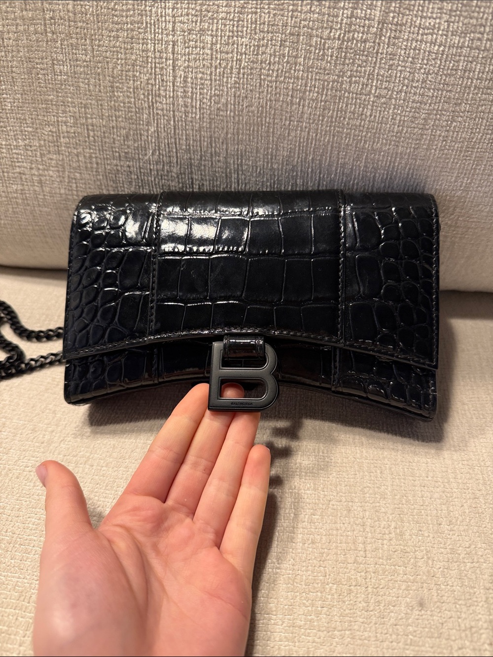 Balenciaga Black Croc-Embossed Leather Crossbody Bag with 'B' Logo